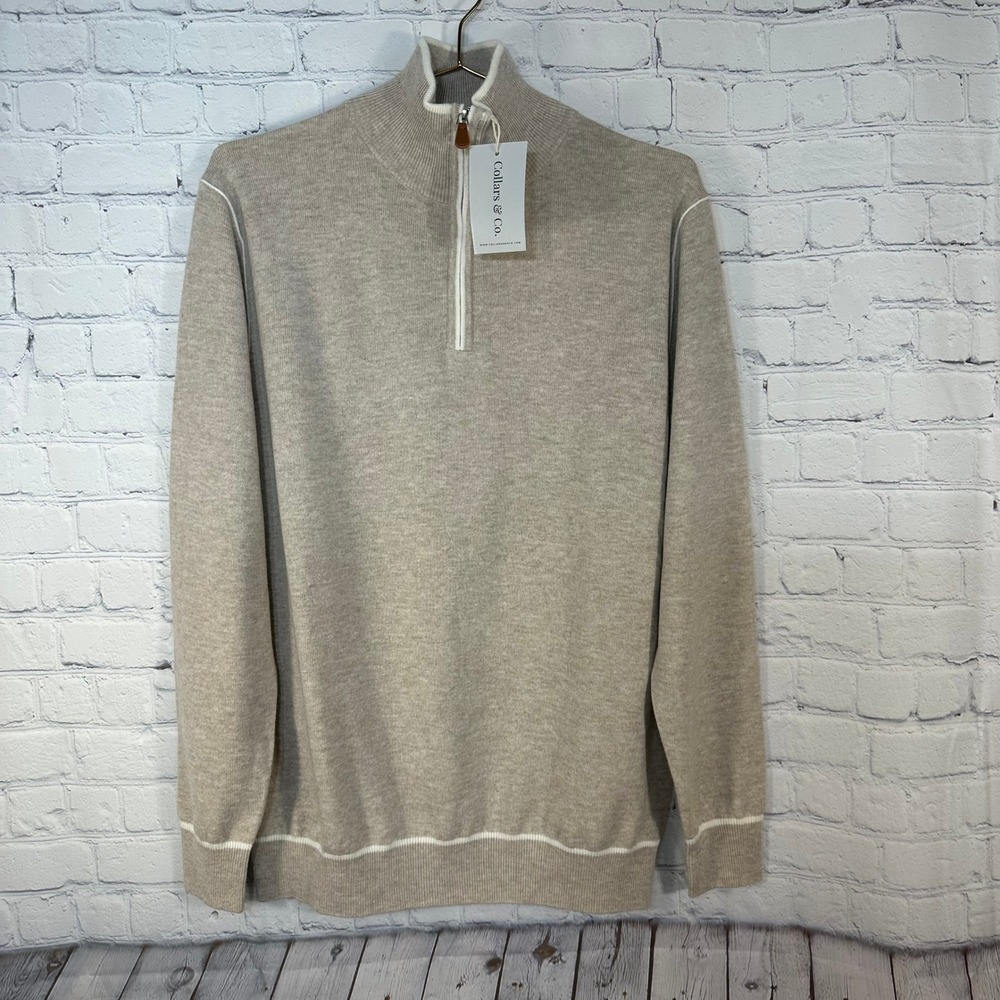 Collars & Co Napoli Collection Men Tan Wool Cashmere Quarter Zip Sweater Medium
